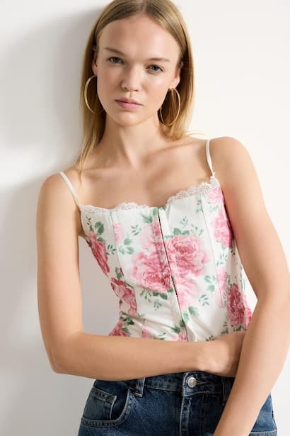 Fitted Printed Corset Lace Detail Top Tank Top & Crop Top