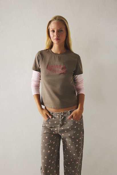 Fitted Crew Neck Printed Ribbed T-Shirt