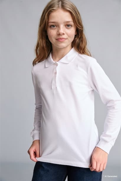 Girl Basic White 100% Cotton Pique Crew Neck Long Sleeve Polo T-Shirt