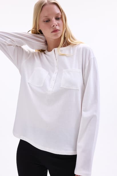 100% Cotton Oversize Henley Neck Basic T-Shirt (3)
