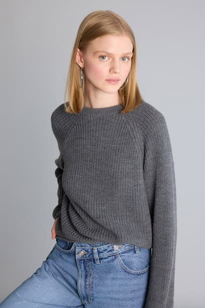 Regular Fit Basic Solid Knit Crew Neck Long Sleeve Pullover (٣)