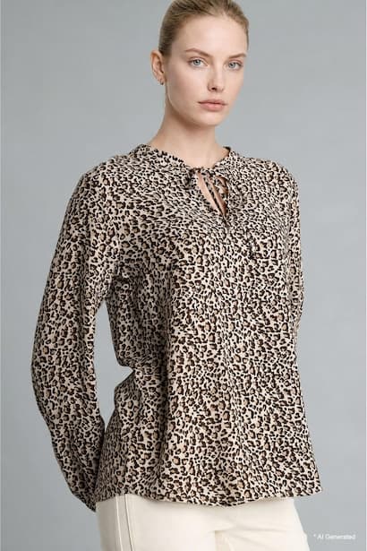 Regular Fit Tie-Up Crew Neck Leopard Print Blouse