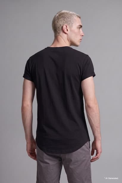Long Muscle Fit Crew Neck Basic Black T-Shirt (٤)