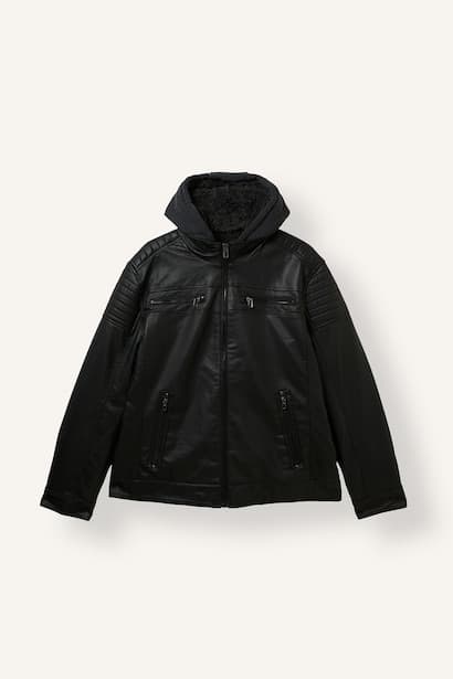 Waterproof Slim Fit Removable Hood Plush Lining Faux Leather Jacket