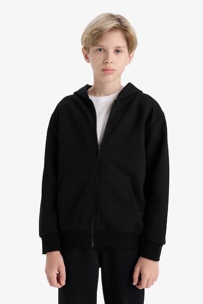Boy Basic Zip-Up Hoodie Cardigan (٣)
