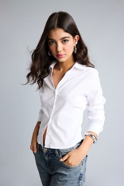 Fitted Bengaline Long Sleeve White Shirt (٤)