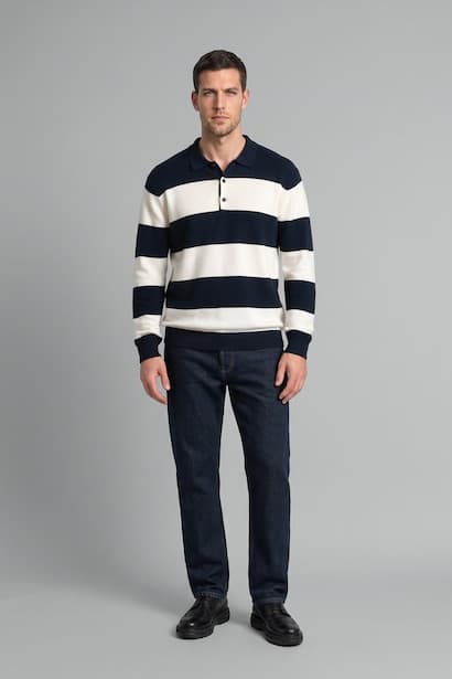Standard Fit Polo Collar Striped Knitwear Pullover