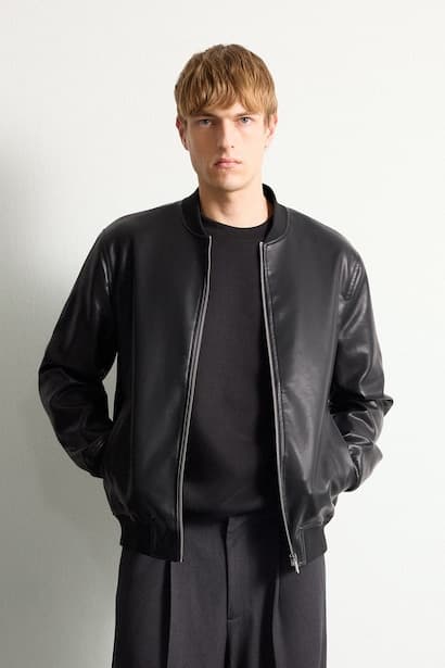 Zipper Bomber Collar Faux Leather Jacket (٣)