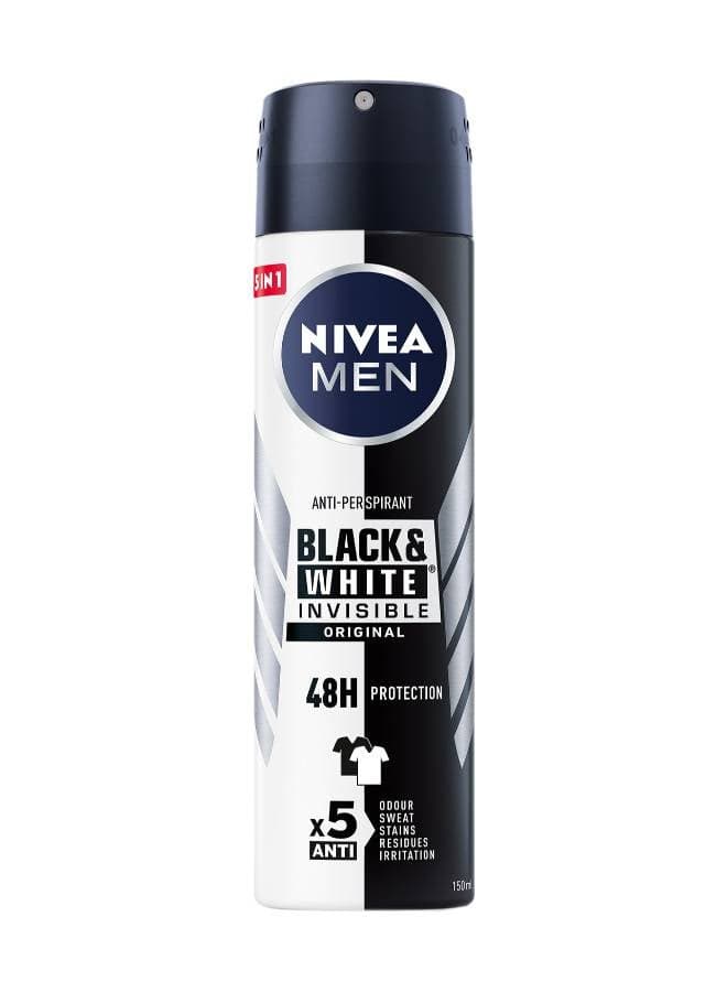 Men Black And White Invisible Antiperspirant Deodorant Spray Original 72H Active Protection 5In1 Anti-Odour Sweat Stains Residues Andirritation Black & White 150ml (٨)