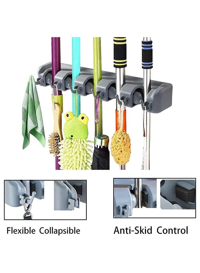 Mop And Broom Holder, Wall Mounted Organizer Mop And Broom Saving Space Storage Rack For Kitchen Garden And Garage,Laundry Offices,5 Position With 6 Hooks Multicolour Wet Mops (٩)