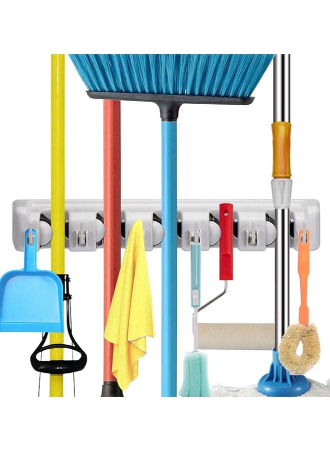 Mop And Broom Holder, Wall Mounted Organizer Mop And Broom Saving Space Storage Rack For Kitchen Garden And Garage,Laundry Offices,5 Position With 6 Hooks Multicolour Wet Mops (٦)