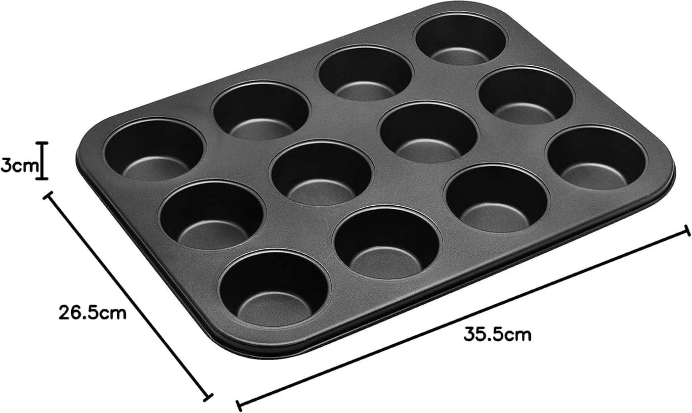 RK Non Stick Muffin Tray Baking Pan - 12 Cup Mini Muffin Pan, Cake Mould, Bundt Pan, Black BLACK 35.5cm (8)