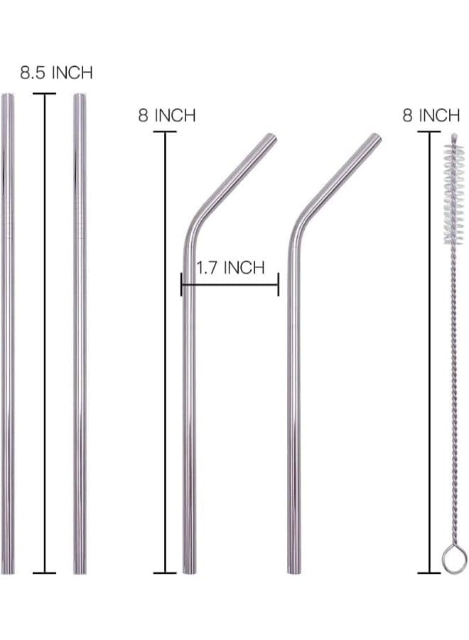 4 Piece Reusable Drinking Straw Set 304 Stainless Steel Metal Straw Straight Bent With Cleaner Brush Grey Cups & Straws (٤)
