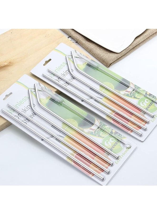 4 Piece Reusable Drinking Straw Set 304 Stainless Steel Metal Straw Straight Bent With Cleaner Brush Grey Cups & Straws (٣)