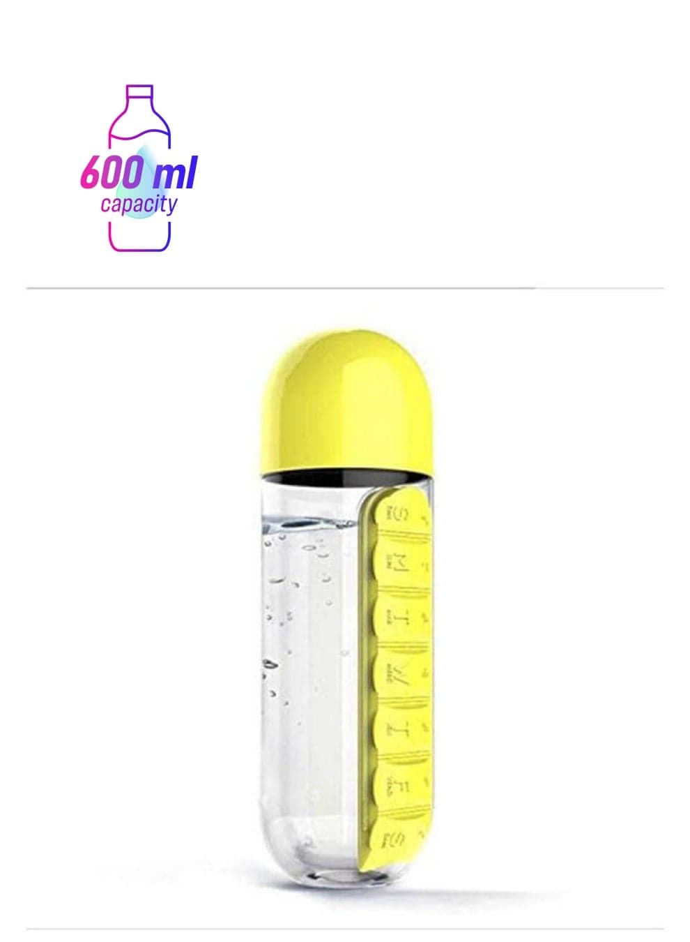 Plastic Water Bottle With Daily Pill Box Organizer Drinking Bottles Yellow 600ml