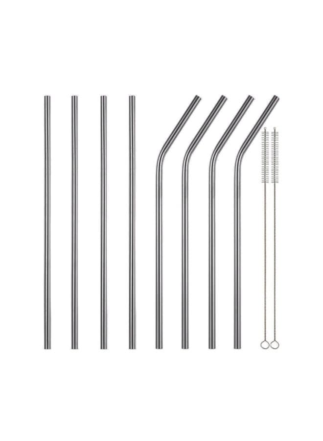 8-Piece Metal Drinking Straws With 2 Cleaning Brush Set Silver 10.5inch Kitchen Accessories