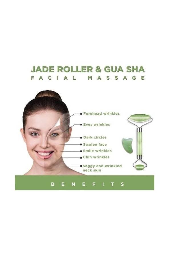 2-Piece Jade Roller Massager With Facial Tool Set Green Face Massagers & Rollers (٤)