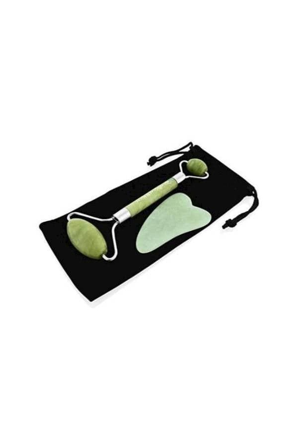 2-Piece Jade Roller Massager With Facial Tool Set Green Face Massagers & Rollers (٥)
