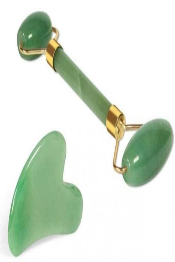 2-Piece Jade Roller Massager With Facial Tool Set Green Face Massagers & Rollers