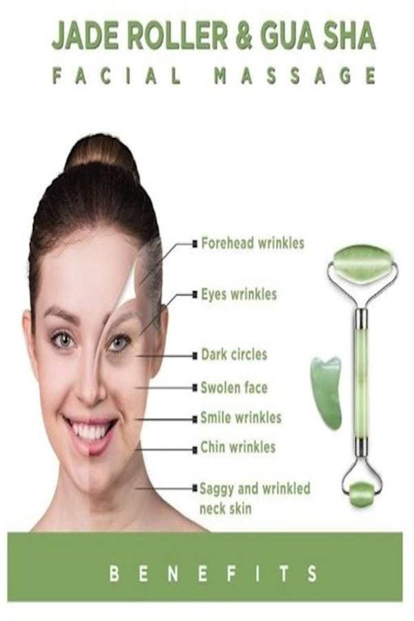 2-Piece Jade Roller Massager With Facial Tool Set Green Face Massagers & Rollers (٤)