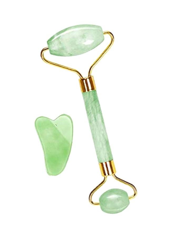 Natural Jade Stone Face Roller With Gua Sha Board Green/Gold