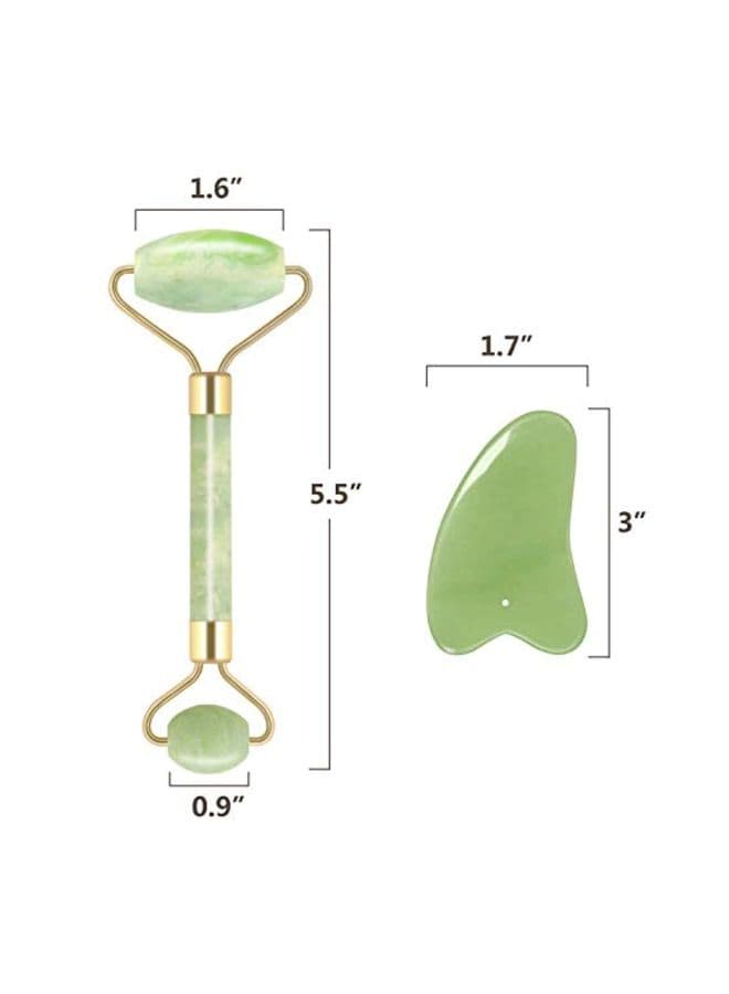 Natural Jade Stone Face Roller With Gua Sha Board Green/Gold Face Massagers & Rollers (٧)
