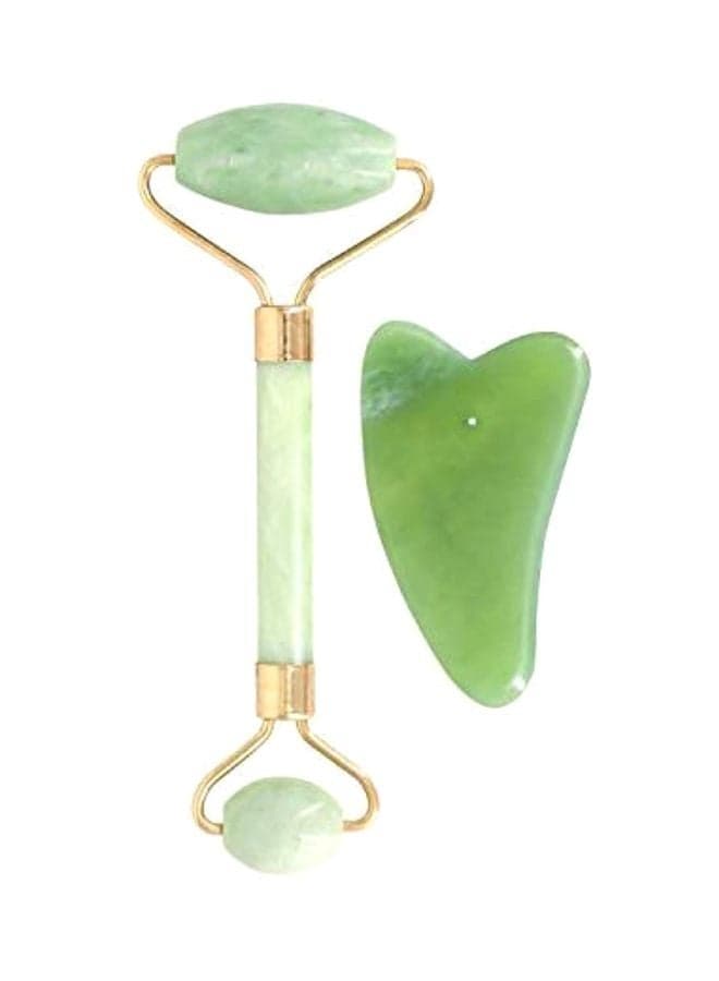 Natural Jade Stone Face Roller With Gua Sha Board Green/Gold