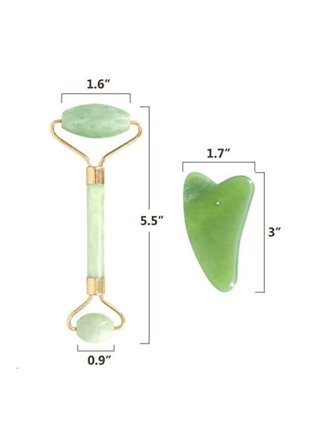 Natural Jade Stone Face Roller With Gua Sha Board Green/Gold (4)
