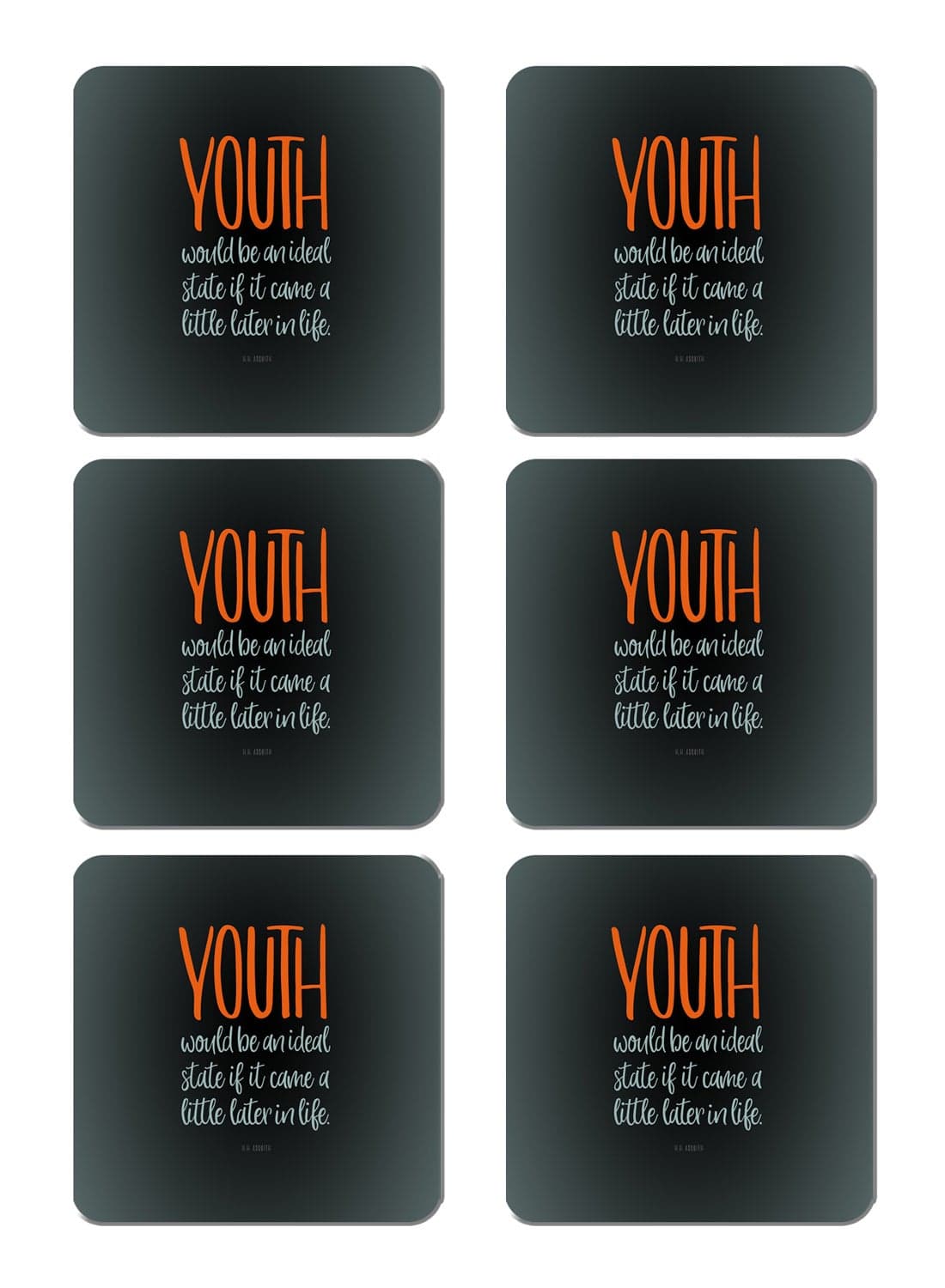 6-Piece Printed Coaster Set Black/Orange/White 15 x 15cm