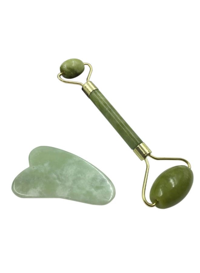Jade Face Roller Massager With Gua Sha Scraper Green/Rose Gold 17.5 x 8.5cm