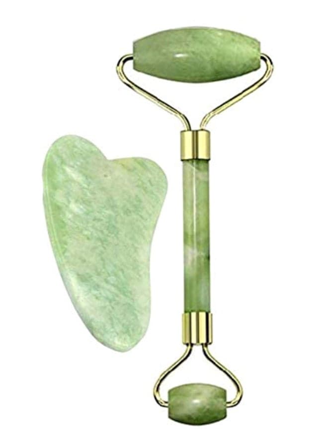 Double Head Jade Face Massage Roller With Scraping Tool Green/Gold Face Massagers & Rollers