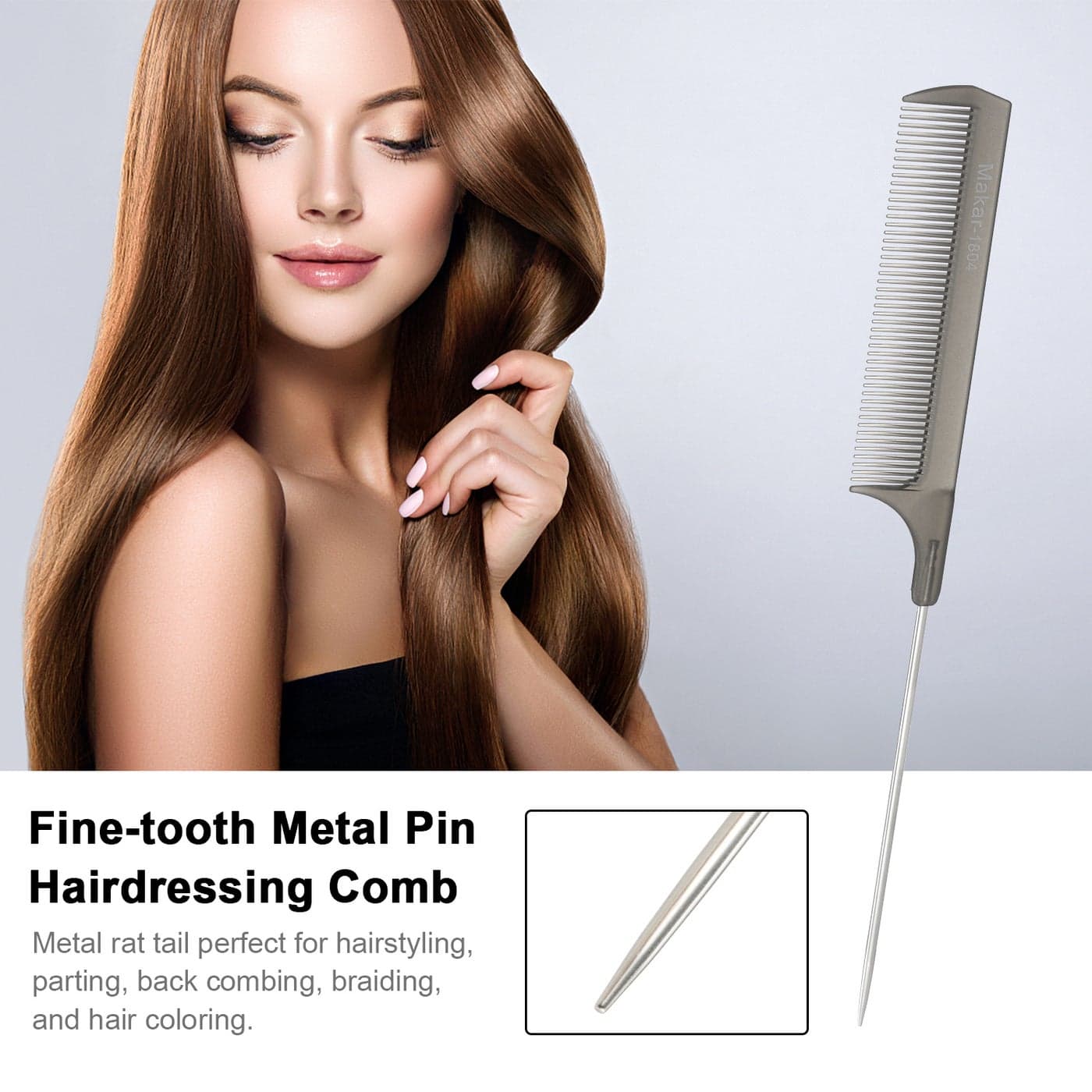 Fine Tooth Metal Pin Hairdressing Rat Tail Comb Black 26X1X5cm Styling Accessories (٥)