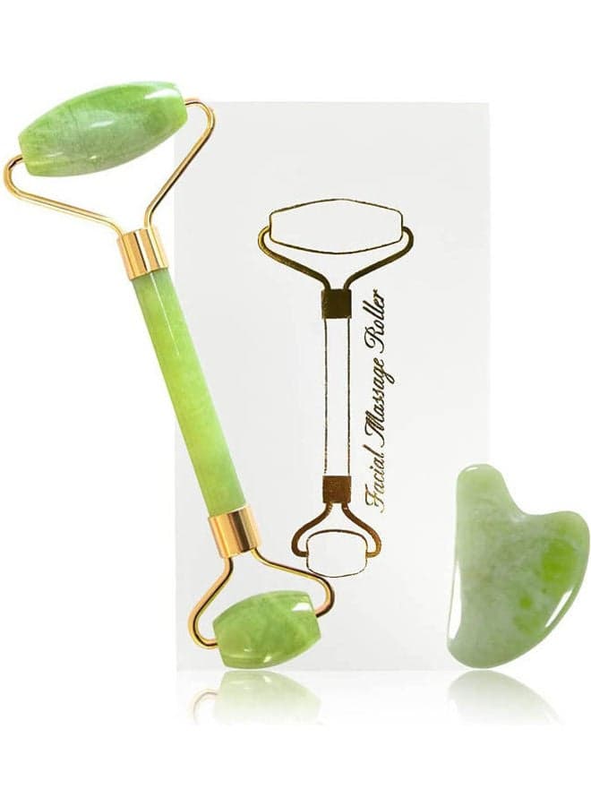 2Pcs Jade Roller And Gua Sha Set,Anti-Aging Face Roller And Gua Sha Massage Tool With Box,Jade Roller For Face Green Face Massagers & Rollers
