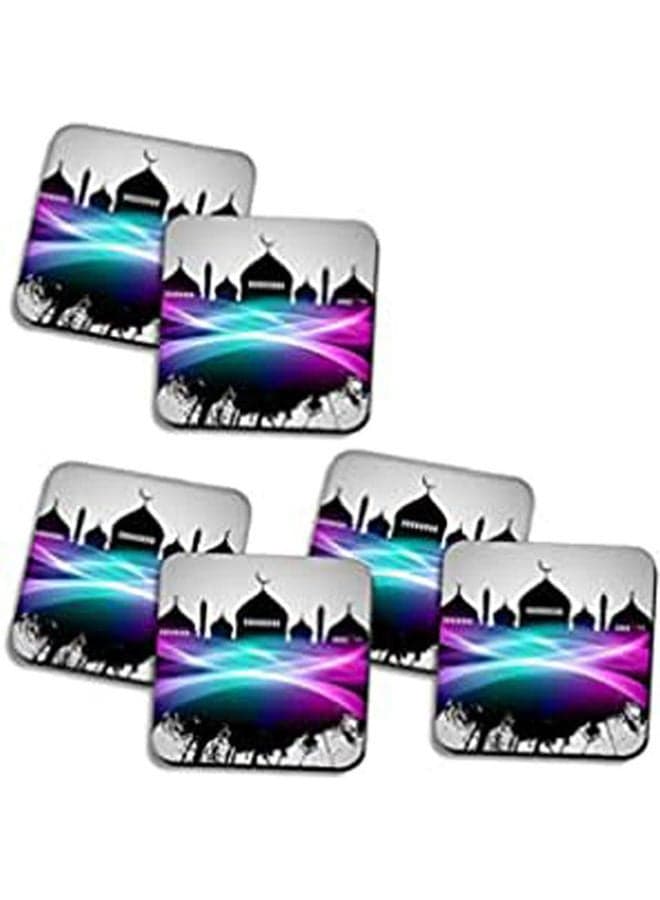Set Of 6 Ramadan Wooden Coaster Multicolour 10X10cm