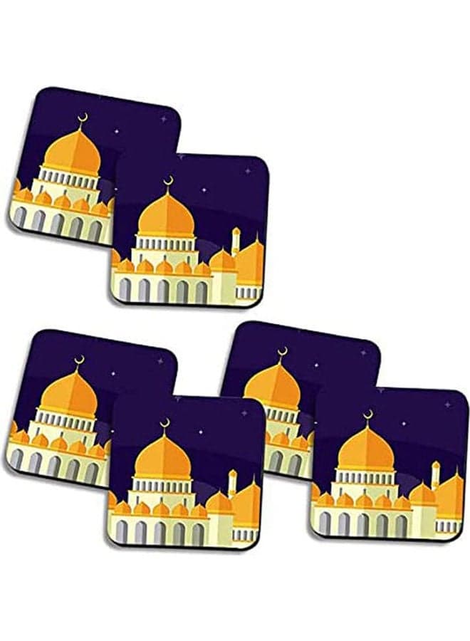 Set Of 6 Ramadan Wooden Coaster Multicolour 10X10cm