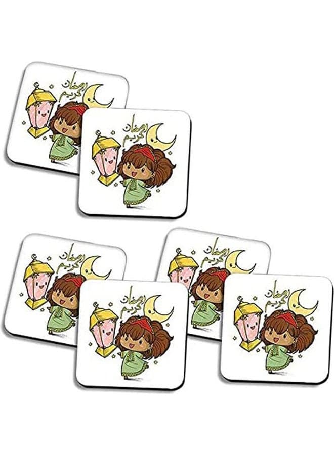 Set Of 6 Ramadan Wooden Coaster Multicolour 10X10cm
