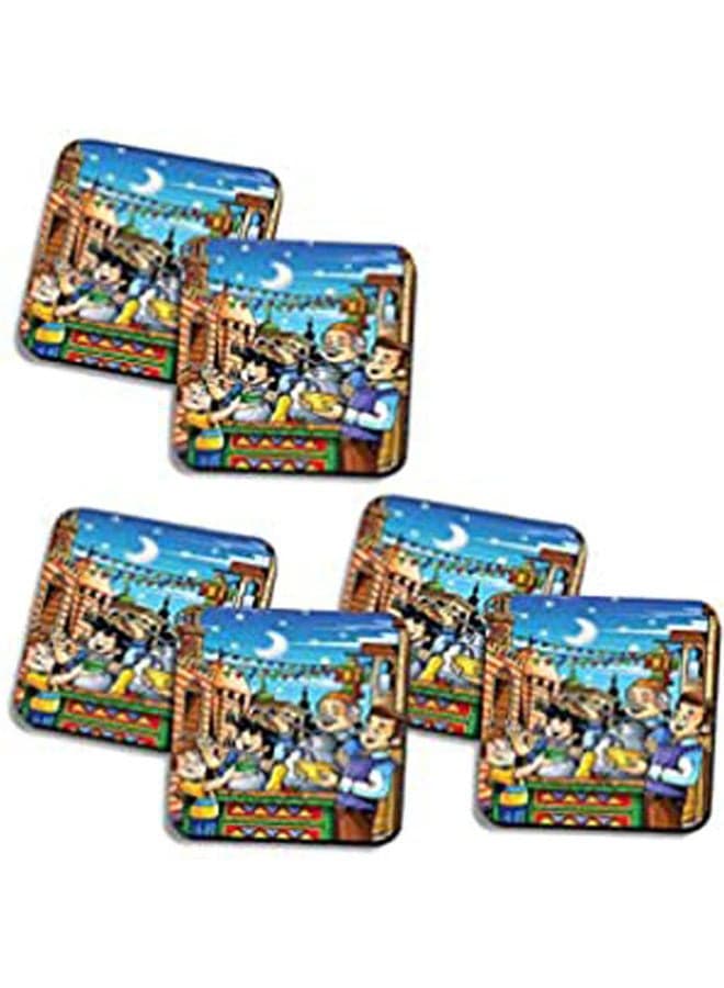 Set Of 6 Ramadan Wooden Coaster Multicolour 10X10cm