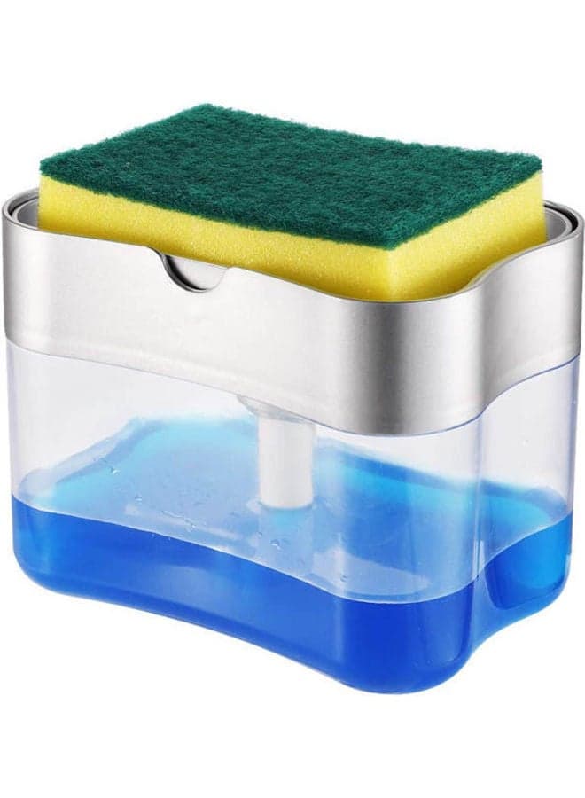 Dishwashing Soap Dispenser,Soap Dispenser Sponge Holder 2 In1,Dish Soap Dispenser Caddy,Countertop Soap Dispenser,Soap Pump Dispenser,Sponge Caddy,13 Ounces, Silver Silver