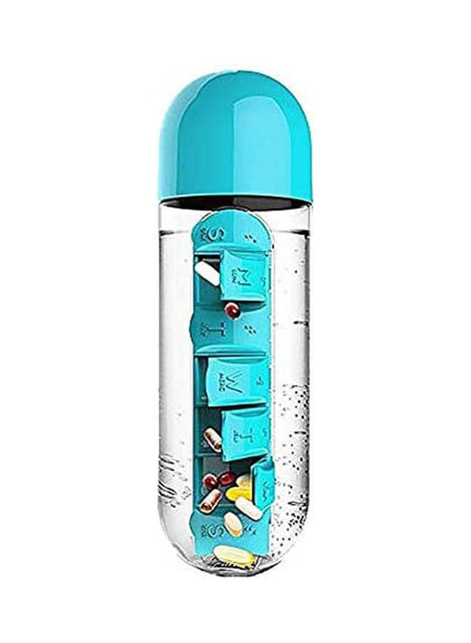 Plastic Water Bottle With Daily Pill Box Organizer Drinking Bottles Blue 600ml