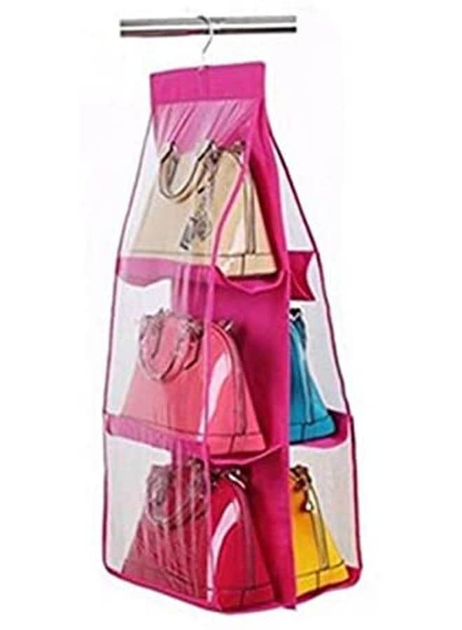6 Pockets Handbag Hanging Purse Storage Anti-Dust Cover Large Clear Bag Holder Organizer Closet Rack Hangers Save Space Pink