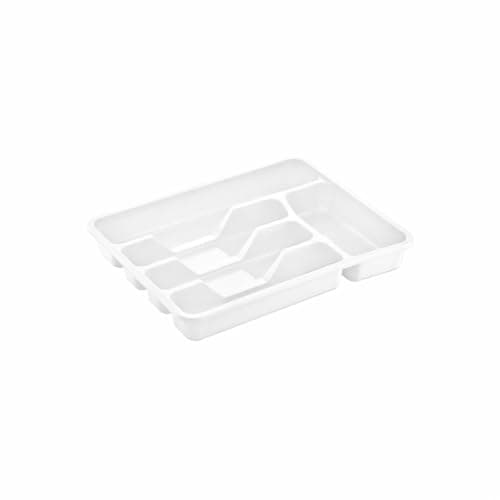 Plastic Cutlery Tray Organizer for Kitchen Drawer, Multi-Compartment Utensil & Silverware Storage Divider, Easy Clean Design, 33.6 x 27 x 4.8 cm. (White) Caddy
