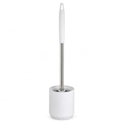 Toilet Brush Set with Holder – Floor Standing Bathroom Cleaning Brush with Durable Bristles, Long Handle, Hanging Hole & Stainless-Steel-Look Handle Section (White/Grey)
