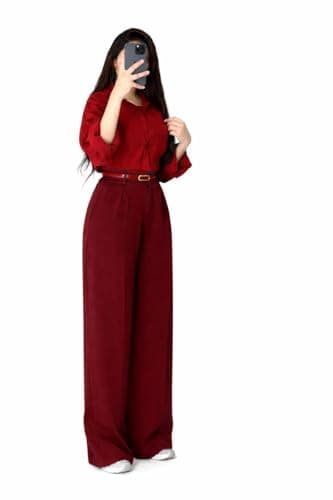 Women's Drawstring Waist Linen Flare Casual Pants - Maroon