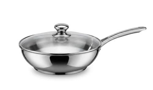 Zahran 26cm Stainless Steel Sauté Pan Golden Polish Finish Deep Skillet with Lid and Stay-Cool Handle for Sautéing and One-Pan Meals Saute fry pan