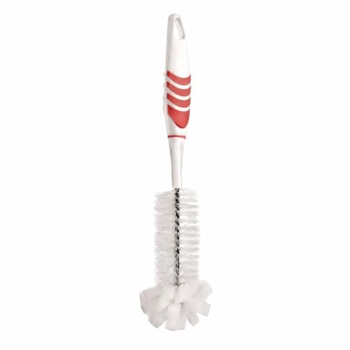 Bottle Cleaning Brush – 2-in-1 Deep Scrubber with Soft Foam Tip – Flexible Bristles – Non-Slip Comfort Grip – for Bottles, Cups & Tumblers (Red)