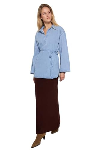 Trendyol Womens Oversize Blue Denim Shirt - Tie-Up, TWOAW25GO00082 Shirt