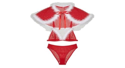 Red Christmas Lingerie Set 3 Piece Women – Deep V Neck Bra & Tulle Panties & Drawstring Camisole – One Size Bra underwear set