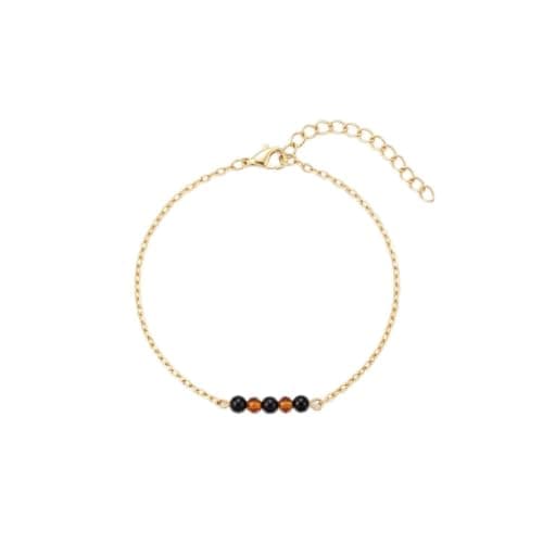 Gold Color Chain Bracelet With Black And Brown Beads, Adjustable, Lobster Buckle-Mg_ch1000