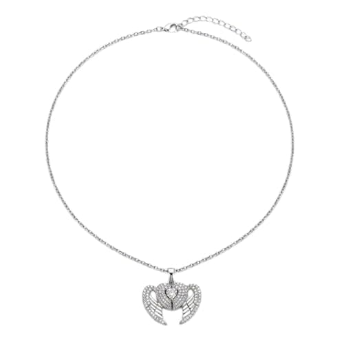 Silver Angel Wings Heart Pendant Necklace Zircon Adjustable Chain With Lobster Clasp-Mg_cg10021