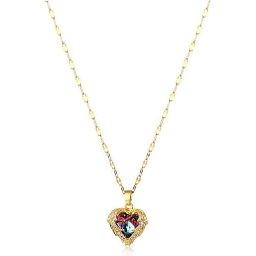 Julia Store 18K Gold Plated Stainless Steel Funky Crystal Heart Angel Wing Love Heart Rhinestone Pendant Amethyst Necklace Chain Boho Statement Sparkly Birthstone Necklace Jewelry for Girls
